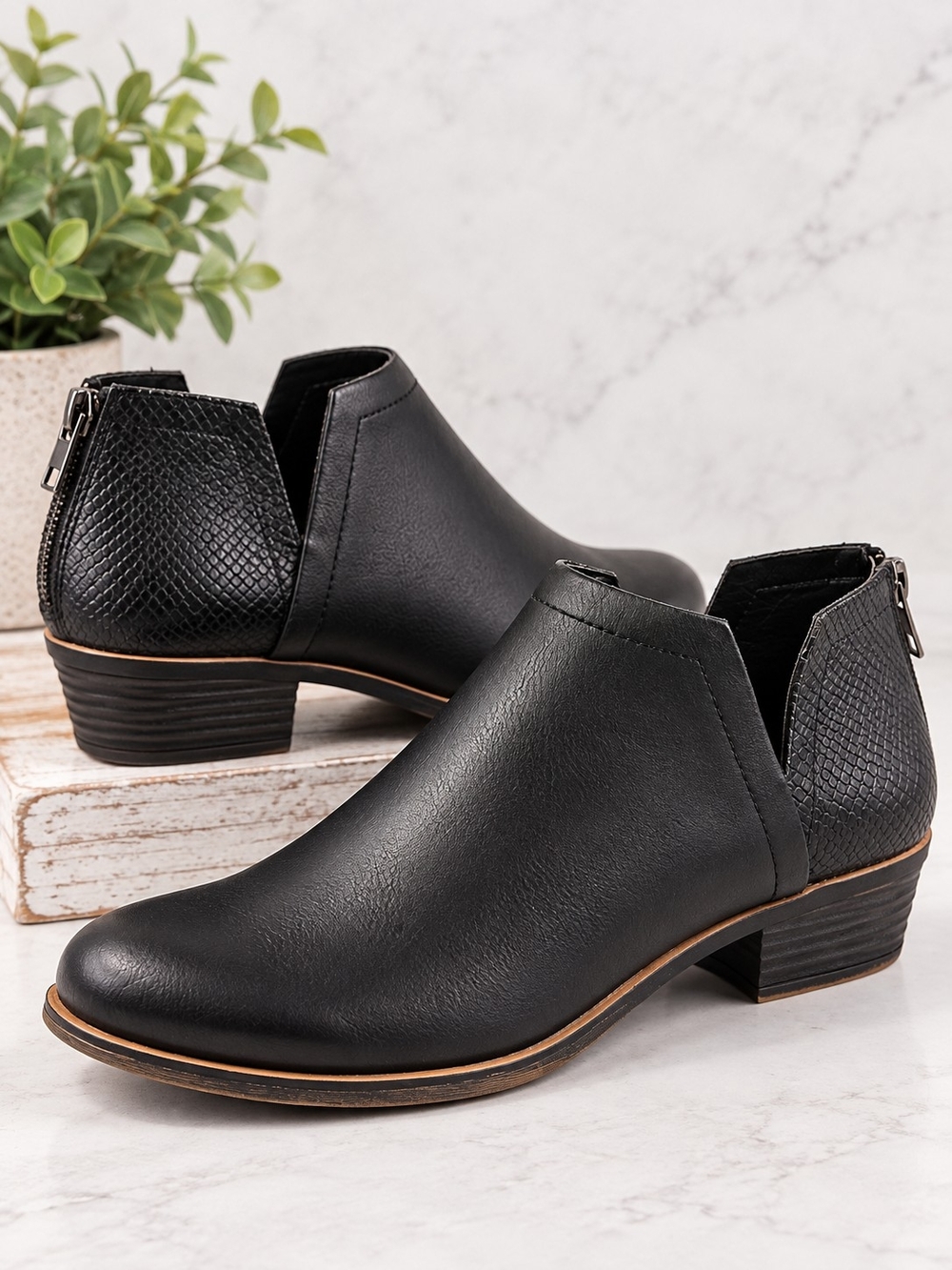 A156. Black Ankle Boots Faux Lather With Croc Skin Detail NWOB